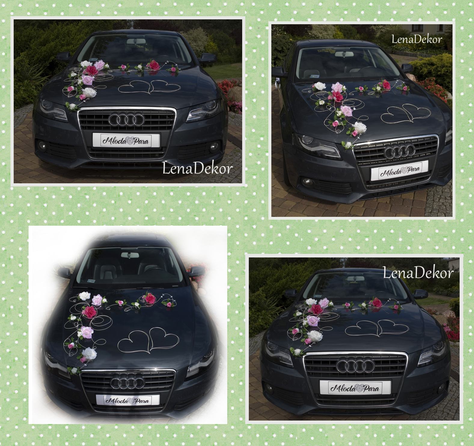 EMILA jasny róż z fuksją i kremem -  dekoracja samochodu ślubnego wedding car decoration with artificial flowers