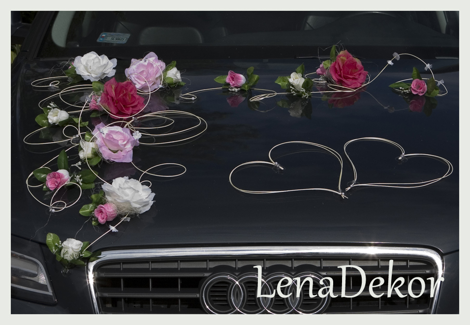 EMILA jasny róż z fuksją i kremem -  dekoracja samochodu ślubnego wedding car decoration with artificial flowers