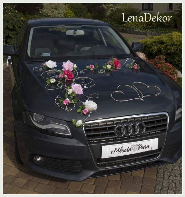 EMILA jasny róż z fuksją i kremem -  dekoracja samochodu ślubnego wedding car decoration with artificial flowers