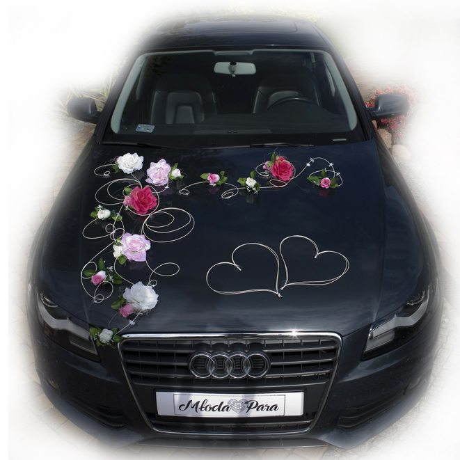 EMILA jasny róż z fuksją i kremem -  dekoracja samochodu ślubnego wedding car decoration with artificial flowers