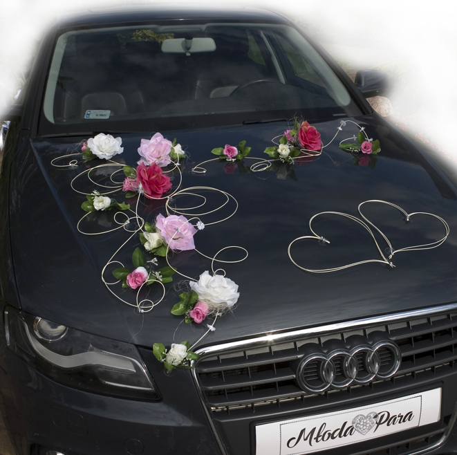 EMILA jasny róż z fuksją i kremem -  dekoracja samochodu ślubnego wedding car decoration with artificial flowers