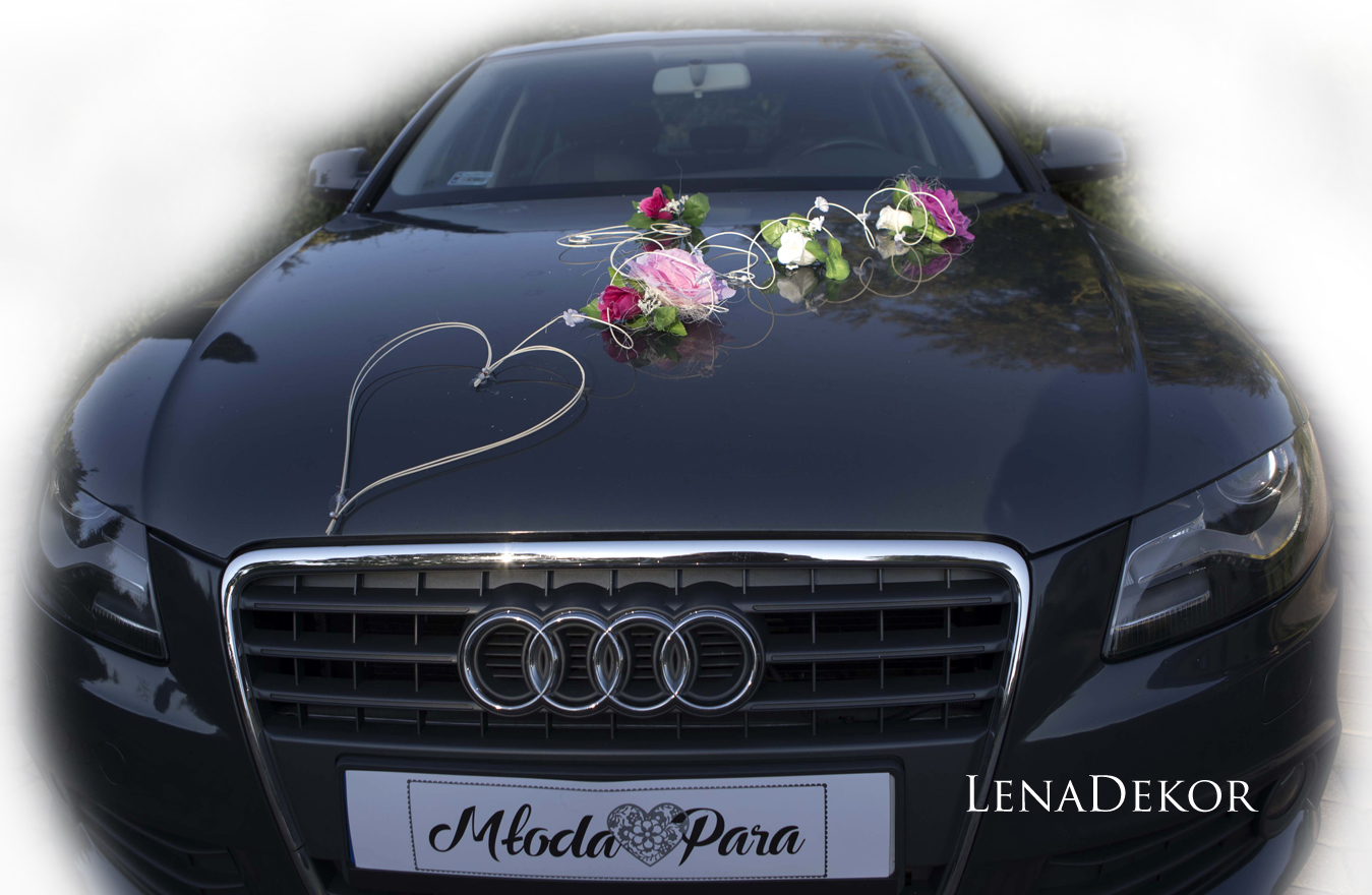 LILA jasny róż z fiołkiem - wystrój samochodu do ślubu dekoracja na samochód