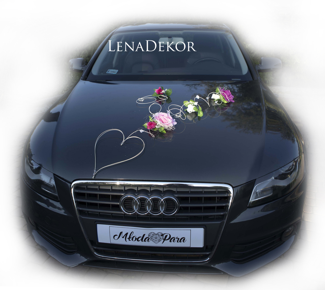 LILA jasny róż z fiołkiem - wystrój samochodu do ślubu dekoracja na samochód